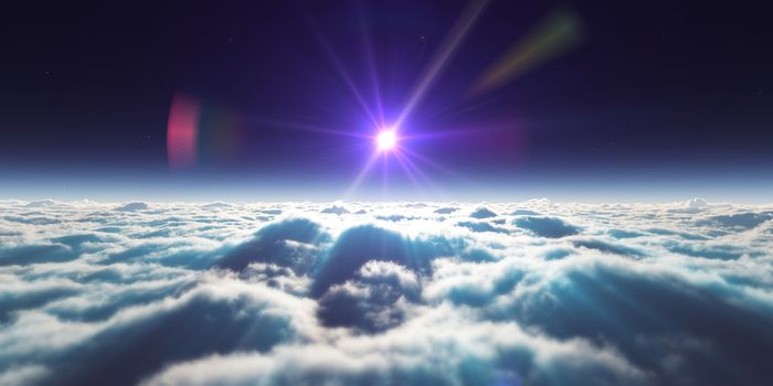 dream fly above clouds ray light, 3d rendering illustration