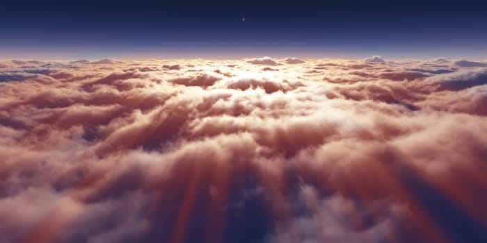 dream fly above clouds ray light, 3d rendering illustration