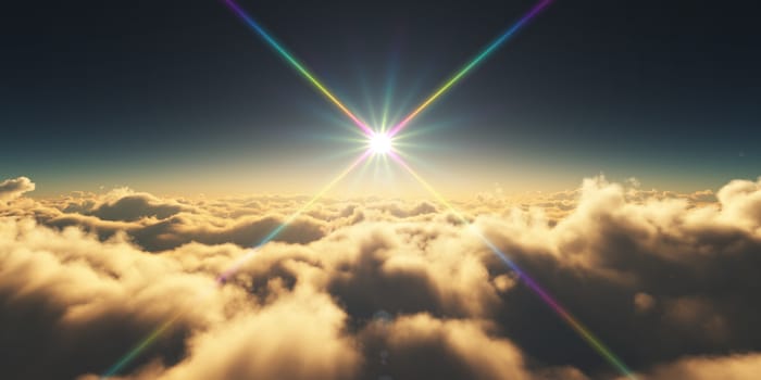 above clouds sunrise sun ray illustration, 3d rendering