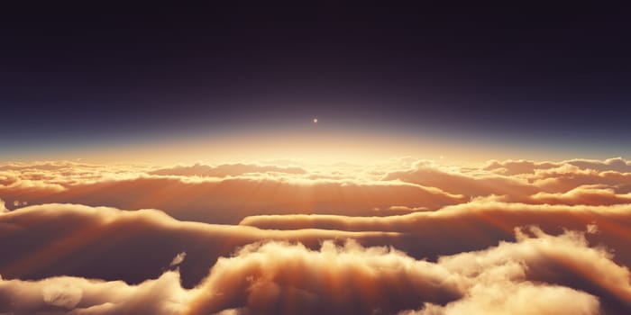 above clouds sunrise sun ray illustration, 3d rendering