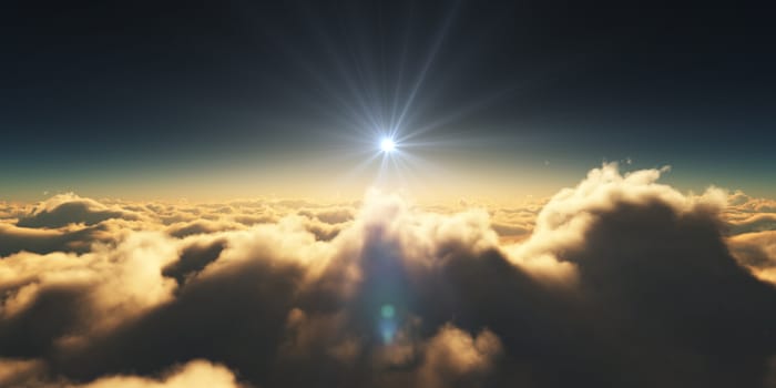 above clouds sunrise sun ray illustration, 3d rendering