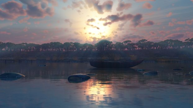 Beautiful sunset over the tropical lagoon, illustration 3d rendering