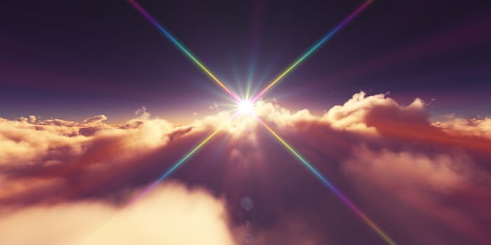 above clouds sunrise sun ray illustration, 3d rendering