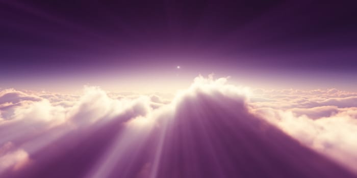 above clouds sunrise sun ray illustration, 3d rendering