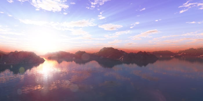 above islands in sea sunset, illustration 3d rendering