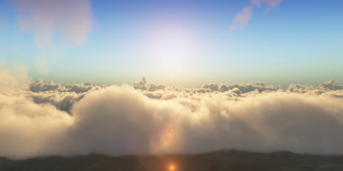 Beautiful aerial view above clouds with sunset. 3d illustration