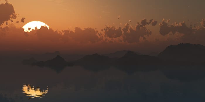 above islands in sea sunset, illustration 3d rendering