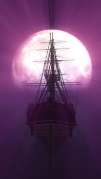 old ship in sea full moon illustration 3d rendering