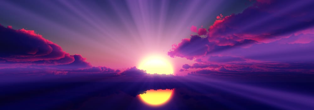 sunset calmly sea sun ray 3d rendering illustration