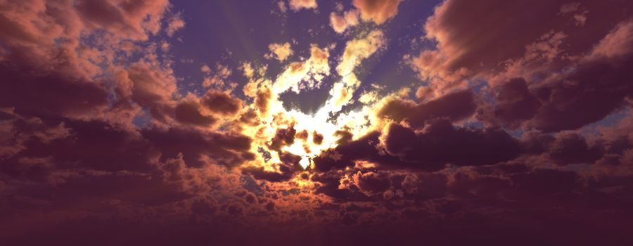 Sunset / sunrise with clouds, light rays and other atmospheric effect, 3d illustration