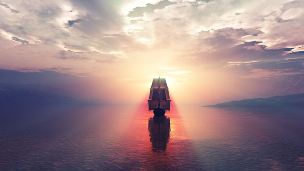 old ship at sea sunset, 3d render illustration