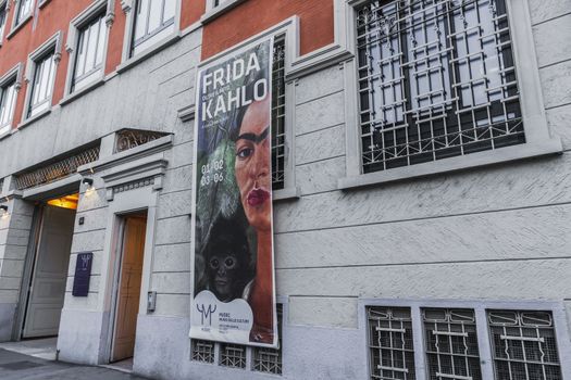 Museum of Culture of Milan entrance banner for Frida Kahlo Beyond The Myth exhibition.