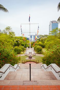 Fort Canning Lighthouse in Fort Canning Park in Singapore City on a warm humid morning.