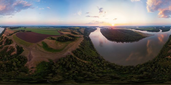 Full 360 equirectangular spherical panorama of Aerial view of Ob siberian river, in summer evening in Altai, drone shot. Virtual reality content