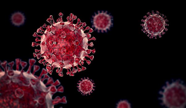 Coronavirus COVID-19 microscopic virus corona virus disease 3d illustration. 3D rendering of virus on black background.