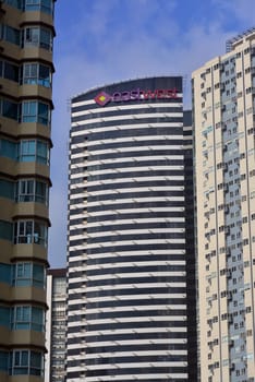 TAGUIG, PH - OCT. 1: EastWest Bank facade on October 1, 2016 in Bonifacio Global City, Taguig, Philippines. EastWest Bank is a subsidiary of the Filinvest Development Corporation (FDC).