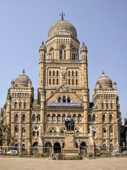 Heritage structure of old Mumbai Corporation building, Maharashtra, India with a clear background.