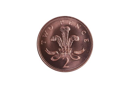 New two pence British coin of England UK cut out and isolated on a white background