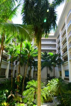 CEBU, PH-OCT. 8: Shangri-La's Mactan Resort and Spa hotel facade and trees on October 8, 2016 in Lapu Lapu, Cebu, Philippines. Its upmarket beachfront resort is 8 km from Mactan-Cebu Int'l Airport.