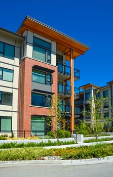 Brand new apartment building on sunny day in British Columbia, Canada