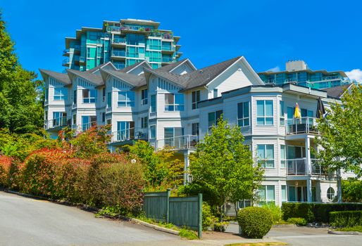 Modern apartment building on sunny day. Residential apartment building in Vancouver, British Columbia