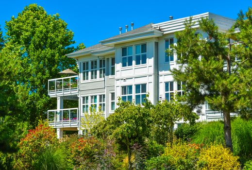 Top of luxury apartment building with green trees in front