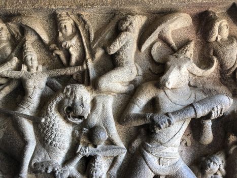 Bas relief sculptures in cave temples at mahabalipuram