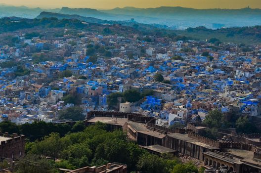 Aerial view of Jodhpur, the blue city showing the blue colored houses from Mehrangarh Fort, Jodhpur, Rajasthan, India
