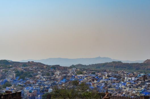 Aerial view of Jodhpur, the blue city showing the blue colored houses from Mehrangarh Fort, Jodhpur, Rajasthan, India