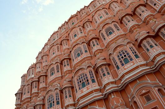 Side view of Hawa Mahal. Hawa Mahal is constructed of red and pink sandstone. The structure was built in 1799 by Maharaja Sawai Pratap Singh in Jaipur, Rajasthan, India.