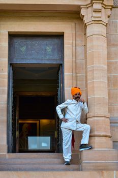 Jodhpur, Rajasthan, India, 2020. Guard with imposing mustache in front of a gate in Umaid Bhawan.