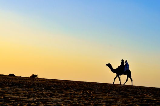Silhouette of an Arabian camel carrying tourists in Sam Sand Dunes, Thar Desert, Jaisalmer, India. These sand dunes are amongst the most famous ones in Rajasthan.