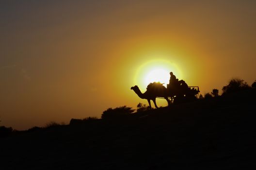 Silhouette of a camel cart and camel carrying tourists in Sam sand dunes, Jaisalmer. Located in the midst of the Thar Desert, these sand dunes are amongst the most famous ones in Rajasthan, India