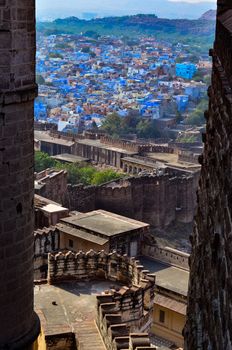 Aerial view of Jodhpur, the blue city showing the blue colored houses from Mehrangarh Fort, Jodhpur, Rajasthan, India