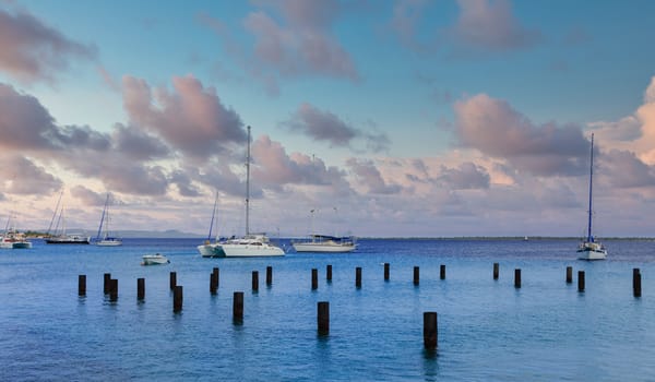 White Sailboats Beyond Wood Pilings in Bonaire