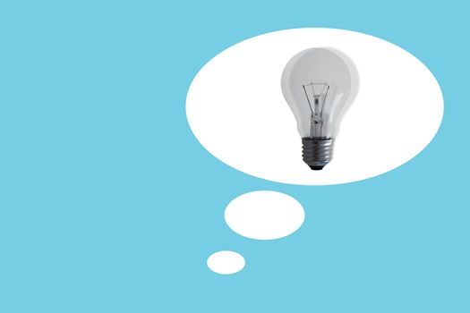 Idea concept, light bulb and white bubble on blue background