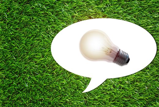 Idea concept, light bulb and white bubble on green grass background