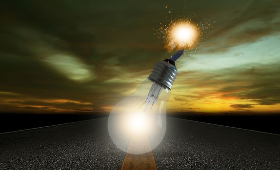 Idea and inspiration concept, business creativity, deadline time, light bulb bomb on road background