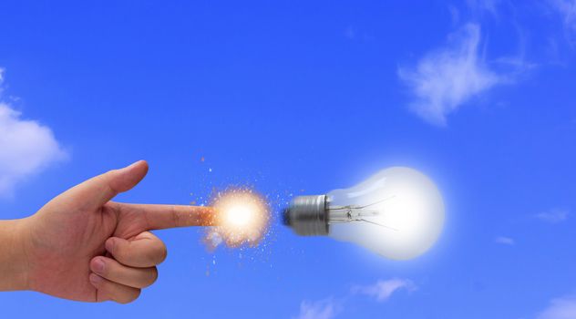 Idea and inspiration concept, business creativity, hand shooting light bulb