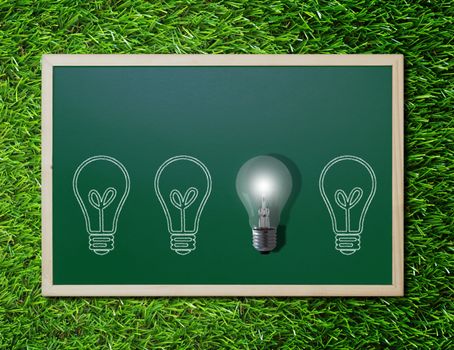 Think different concept, chalkboard and light bulb on green grass background