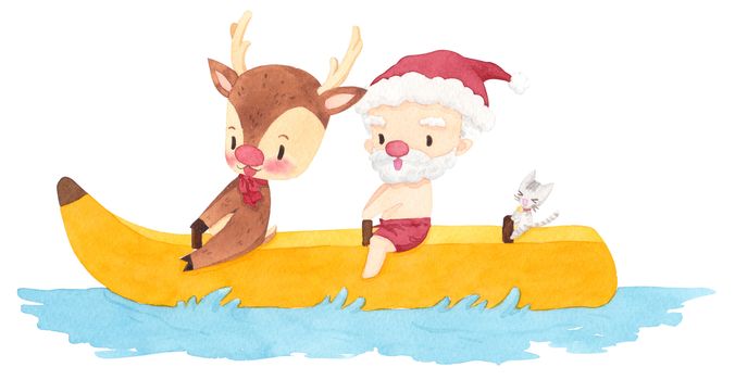 Santa claus, deer and cat on a banana boat. Cute cartoon character design on white background. Christmas in June for poster, marketing, advertising, summer sale, greeting card. clipping path.
