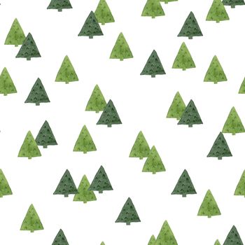 Cute tree seamless pattern on white background. Watercolor hand painting. Design for Christmas events, wrapping paper, and textiles.