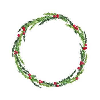 Merry Christmas wreath, red berries and green tree branches isolated on white background. watercolor hand painting illustration. Design for winter, Christmas, New year.