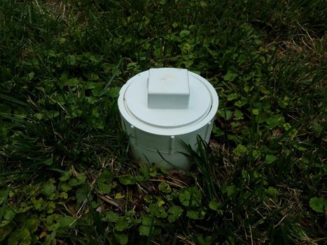 white plastic sewer clean out pipe in green grass or lawn