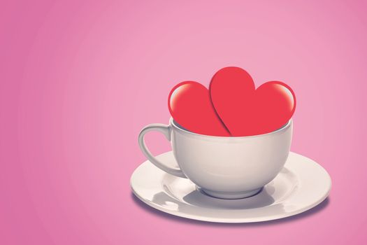 Red heart and coffee cup on pink vintage background with copy space, love, valentine and wedding concept