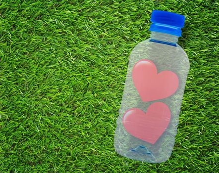 Two red paper hearts on green grass background, valentine day, romantic and falling in love concept