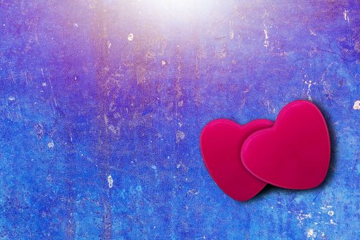 Red heart on blue vintage background and sunlight with copy space, love, valentine and wedding concept