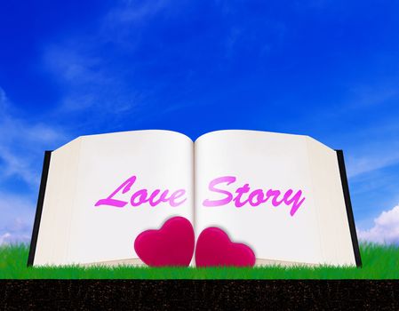 Love story and valentine day concept on blue sky background, open book and heart, copy space