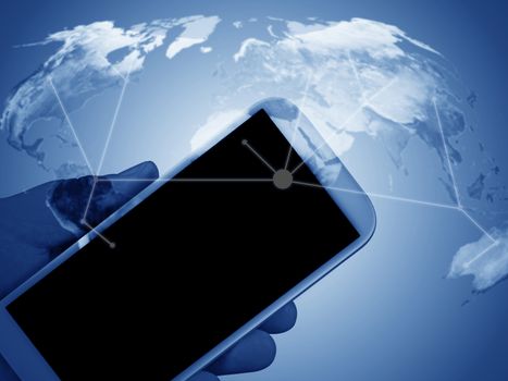 Hand holding mobile phone device on blue background, telecommunication concept, Elements of this image furnished by NASA