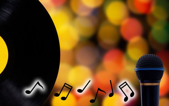 Music concept, record and microphone on blur bokeh background with copy space